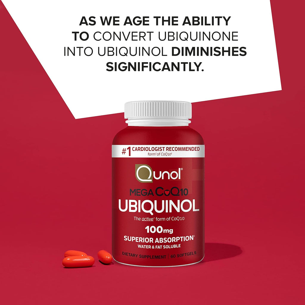 Close up of 100mg active form ubiquinol softgels detailing serving size instructions.