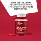 Close up of 100mg active form ubiquinol softgels detailing serving size instructions.