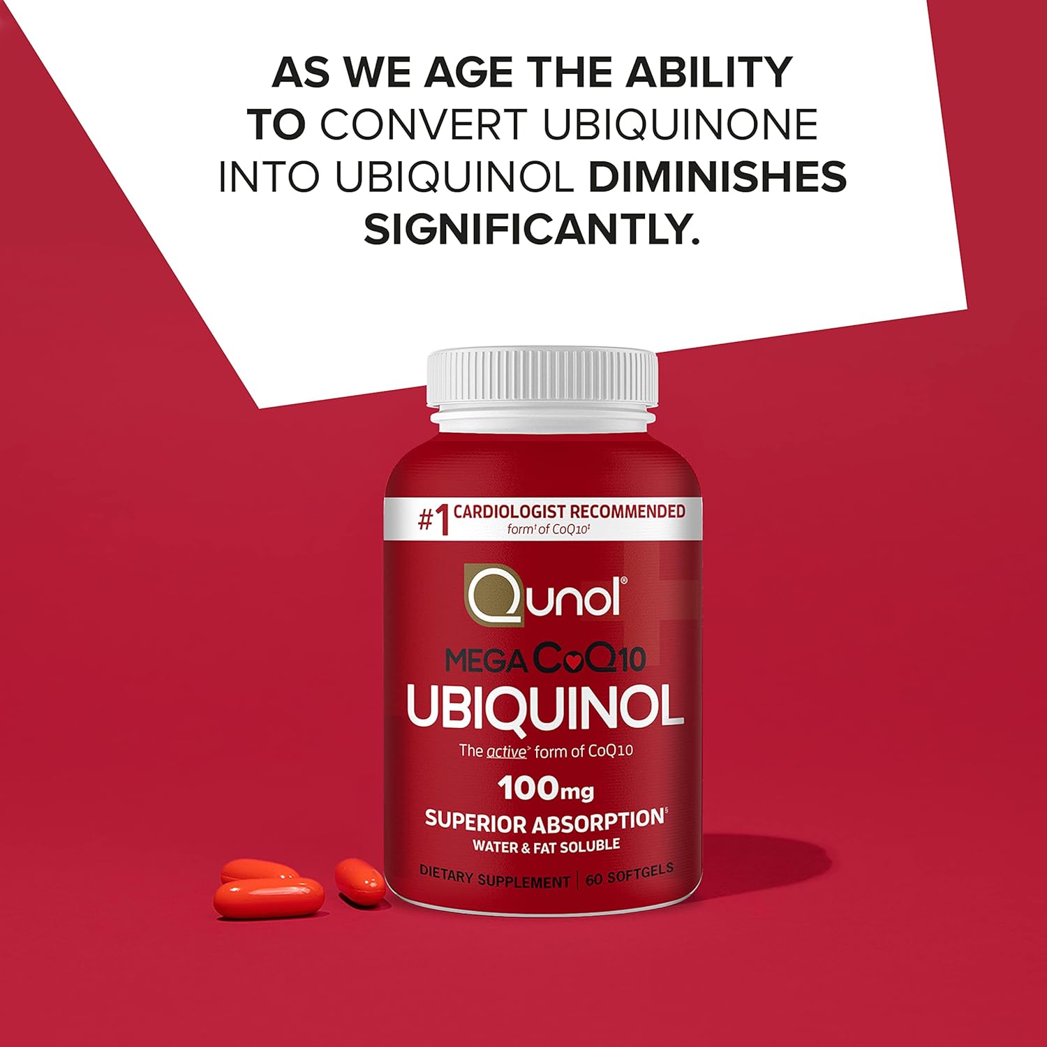 Close up of 100mg active form ubiquinol softgels detailing serving size instructions.