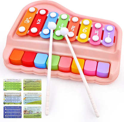 Fizzy Funs baby piano xylophone toy front view showing eight multicolored keys in a pink frame