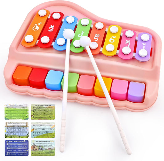 Fizzy Funs baby piano xylophone toy front view showing eight multicolored keys in a pink frame