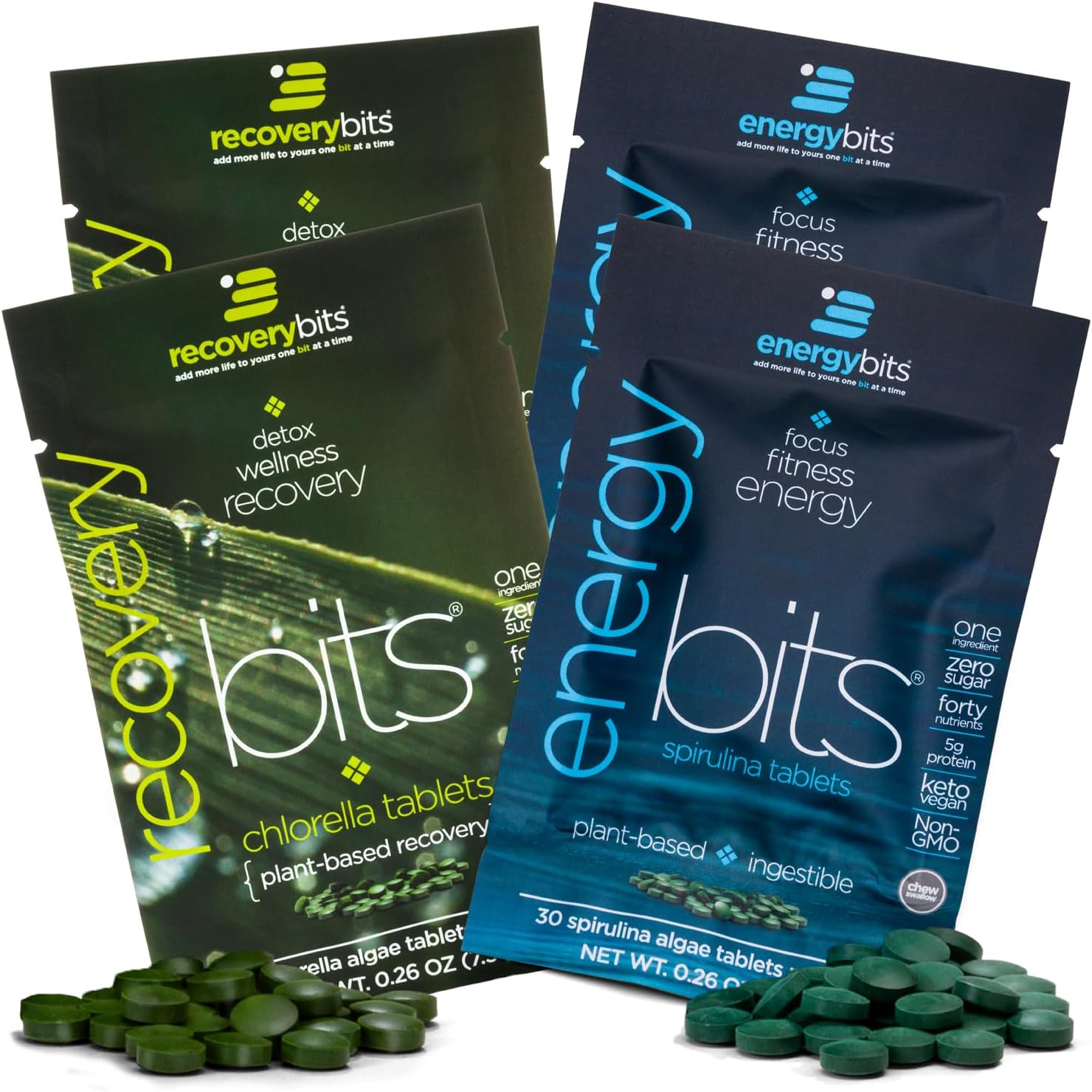 Energybits organic spirulina and chlorella tablets front packaging view