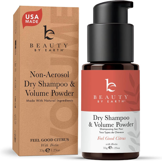 Beauty by Earth non aerosol dry shampoo powder front view packaging