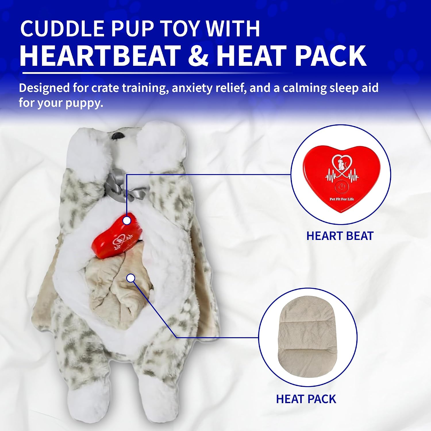 Pet Fit For Life cat anxiety plush toy displaying the internal pocket for the heartbeat simulator.