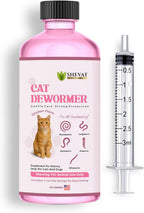 Shevat Vitamins liquid cat dewormer bottle with the included three milliliter oral dosing syringe