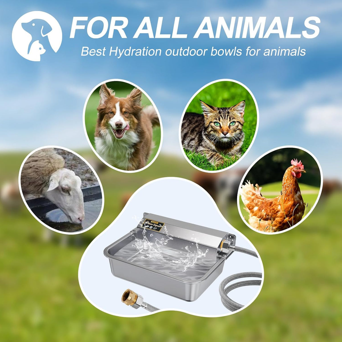 Rust proof outdoor automatic dog drinking bowl installed next to a garden faucet.