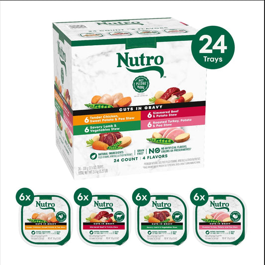 Grain free adult wet dog food trays in chicken beef lamb and turkey flavors