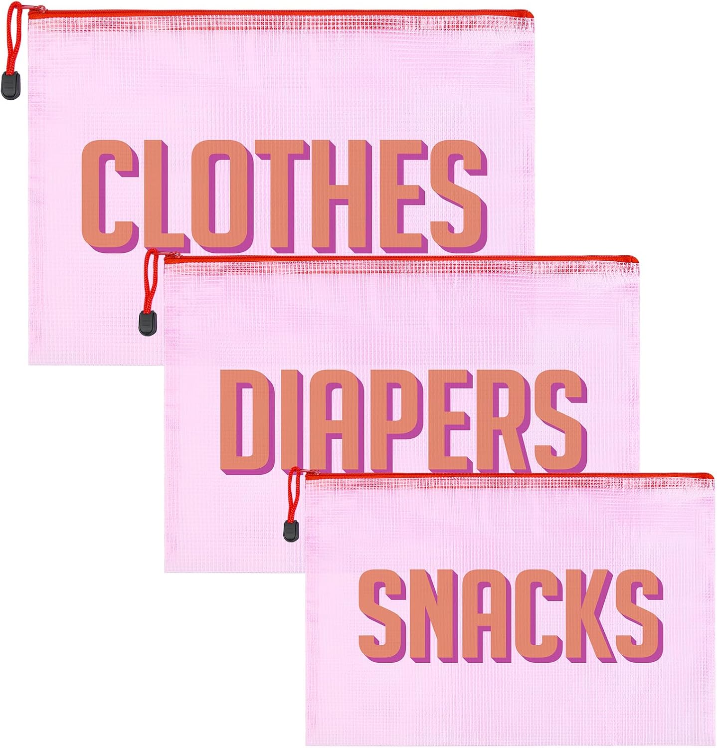 KUIRAN three piece hospital bag organizing pouches front view showing pink clothes diaper and snack bags