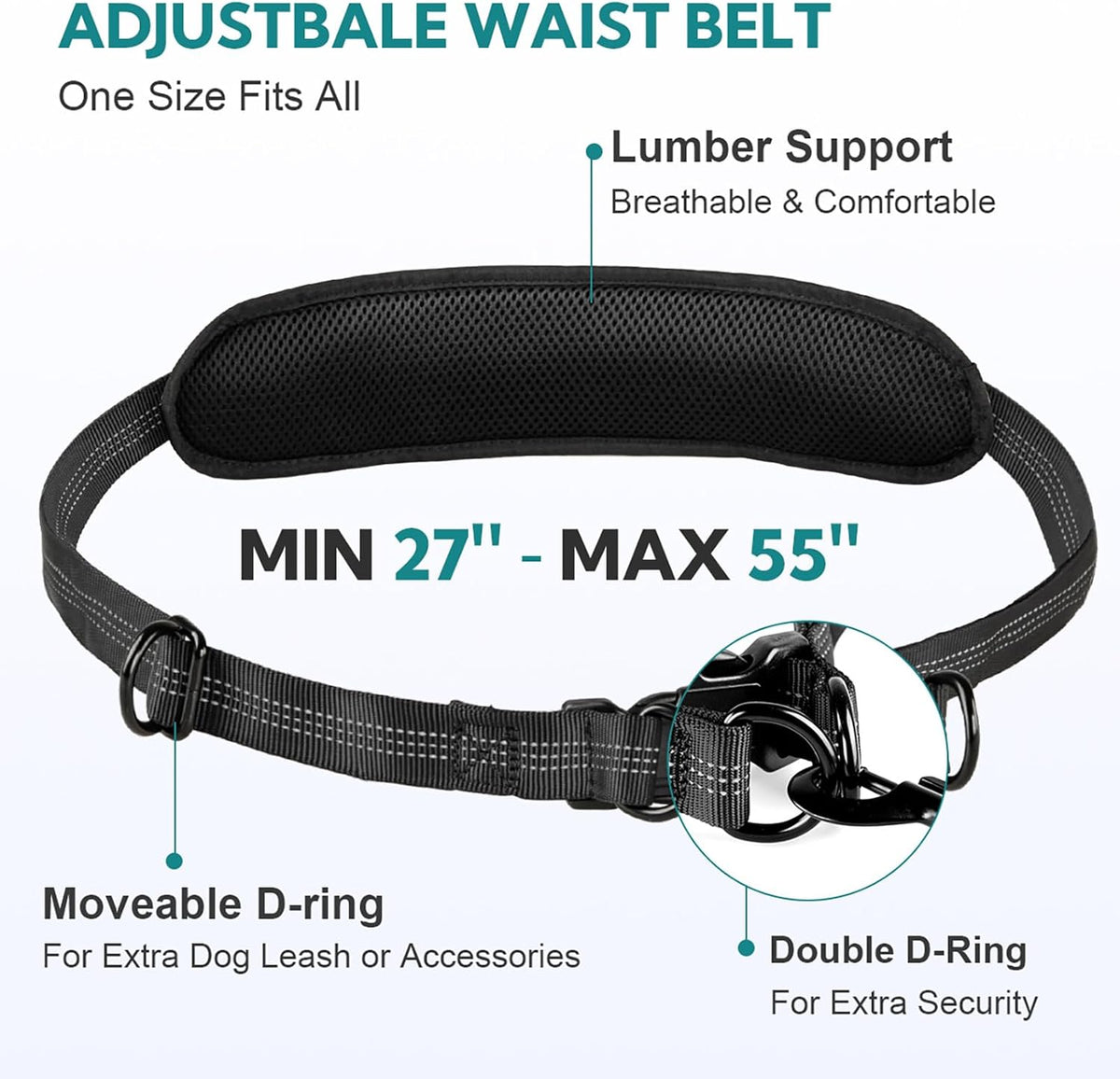 Heavy duty no tangle double dog walking waist belt leash with reflective stitching