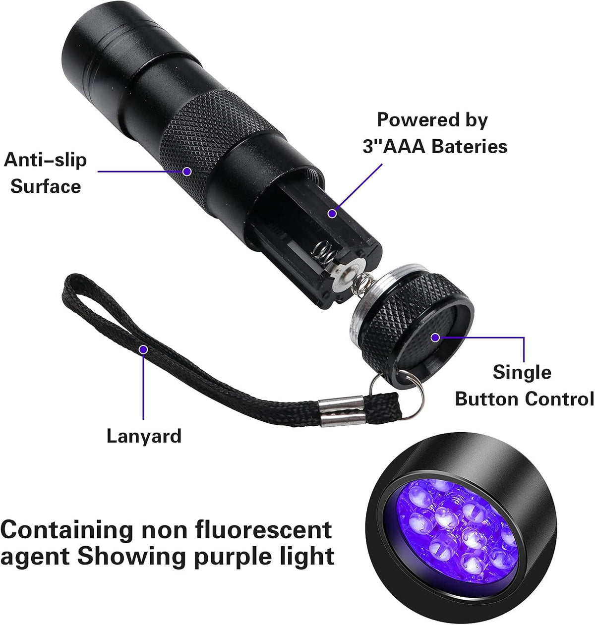 Handheld ultraviolet flashlight revealing hidden stains on a home carpet surface.