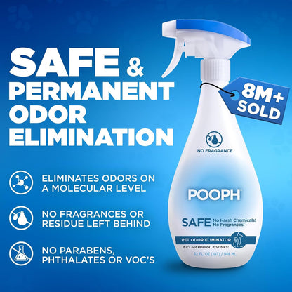 Pooph pet odor spray bottle on a wooden table