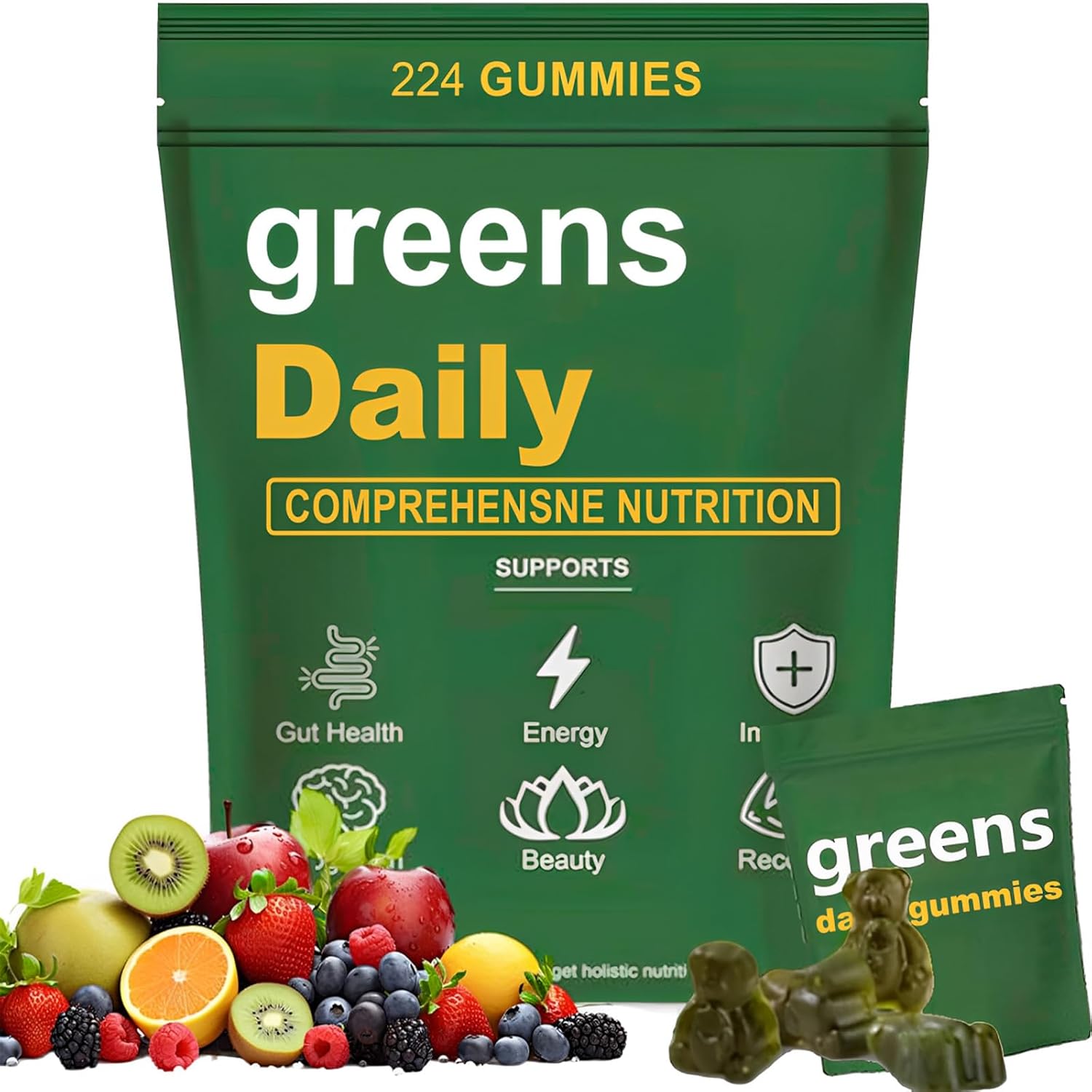 Oviaapo Greens Gummies with Organic Chlorella and Spirulina front view