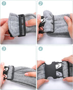 Side view of pet owner wearing gray dog carrier sling