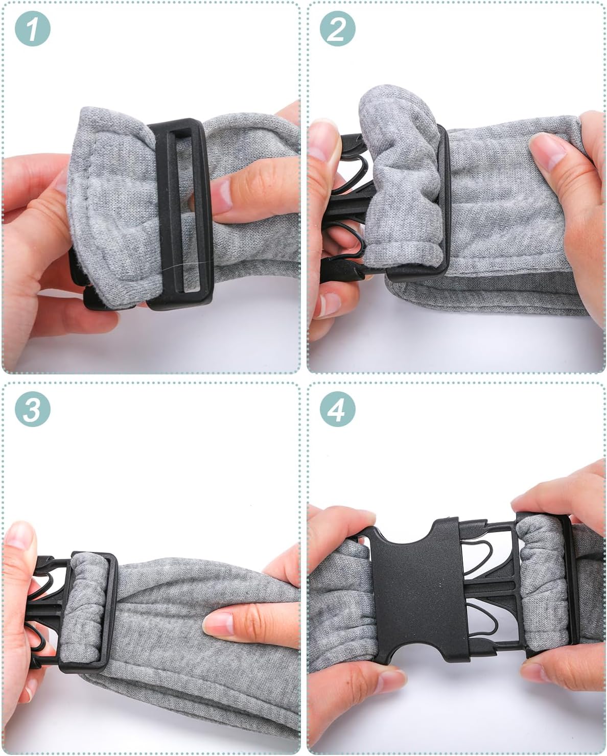 Side view of pet owner wearing gray dog carrier sling