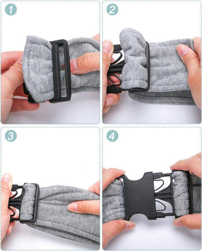 Side view of pet owner wearing gray dog carrier sling