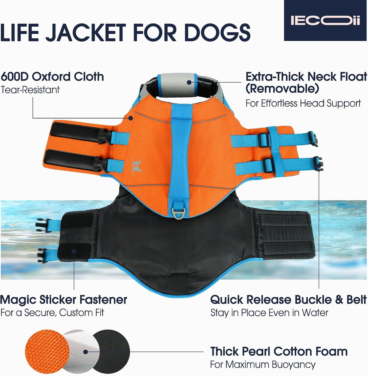 Reflective strips on the imported dog life saver vest illuminated for low light visibility.