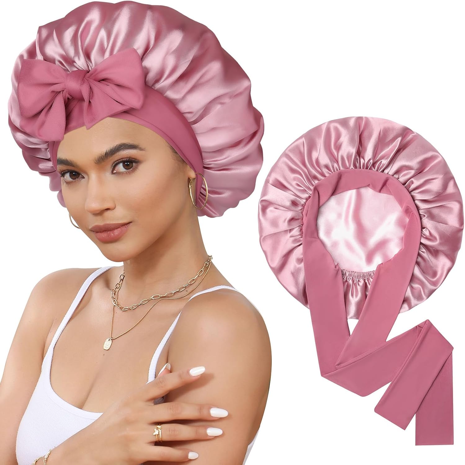 CHLINS satin sleep bonnet front view showing the bean paste color side