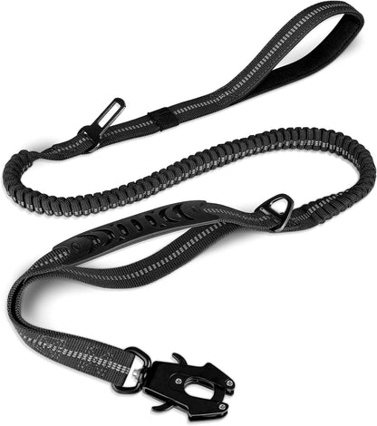 Joytale Tactical Dog Leash heavy duty black bungee lead front view showing frog clip