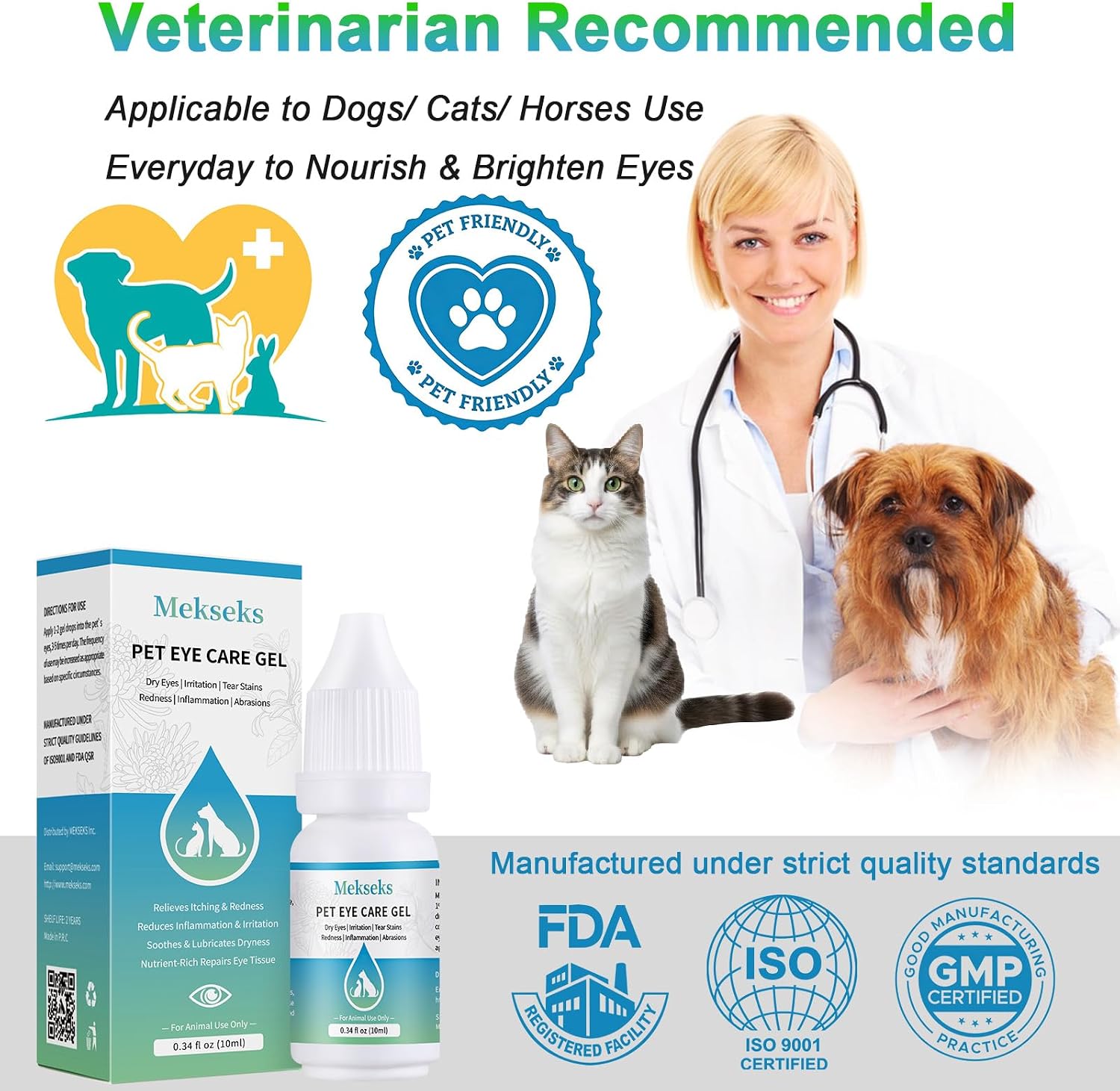 Mekseks pet eye care gel drop complete retail packaging for premium imported pet care