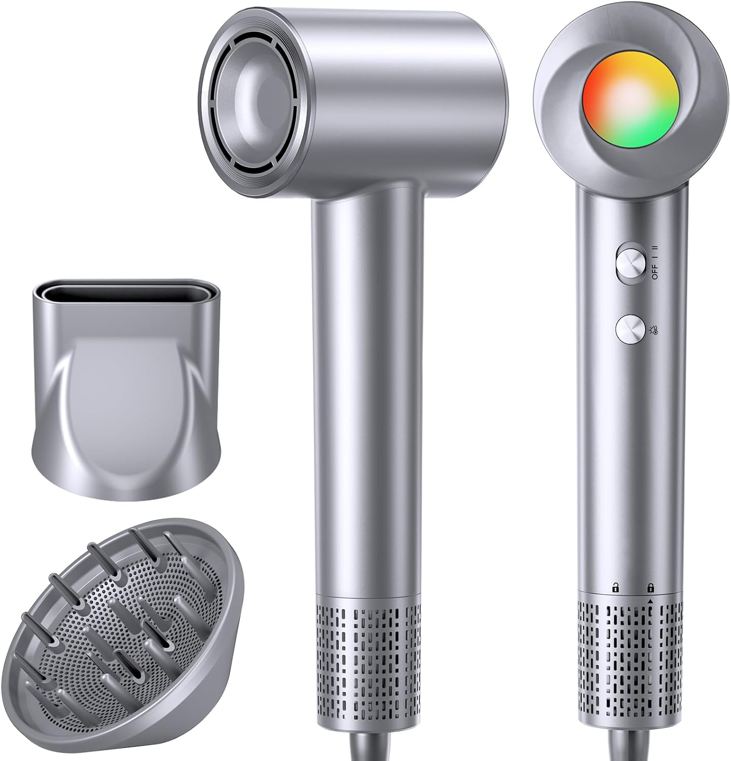FOIYUF High Speed Ionic Hair Dryer front view showing the sleek gray finish and magnetic attachments.