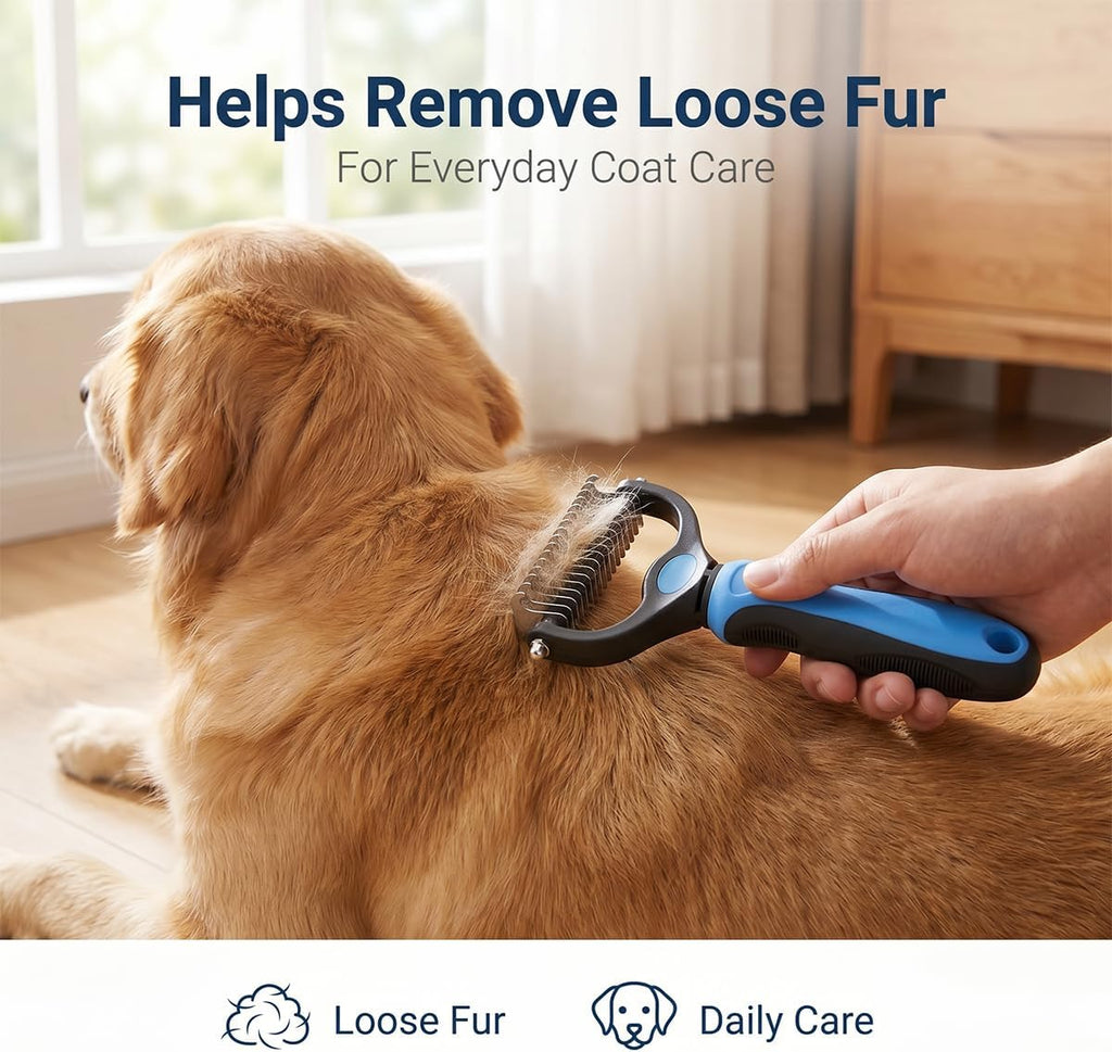 Blue pet grooming comb being used to remove tangles from a long-haired dog coat.