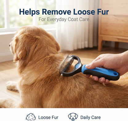 Blue pet grooming comb being used to remove tangles from a long-haired dog coat.