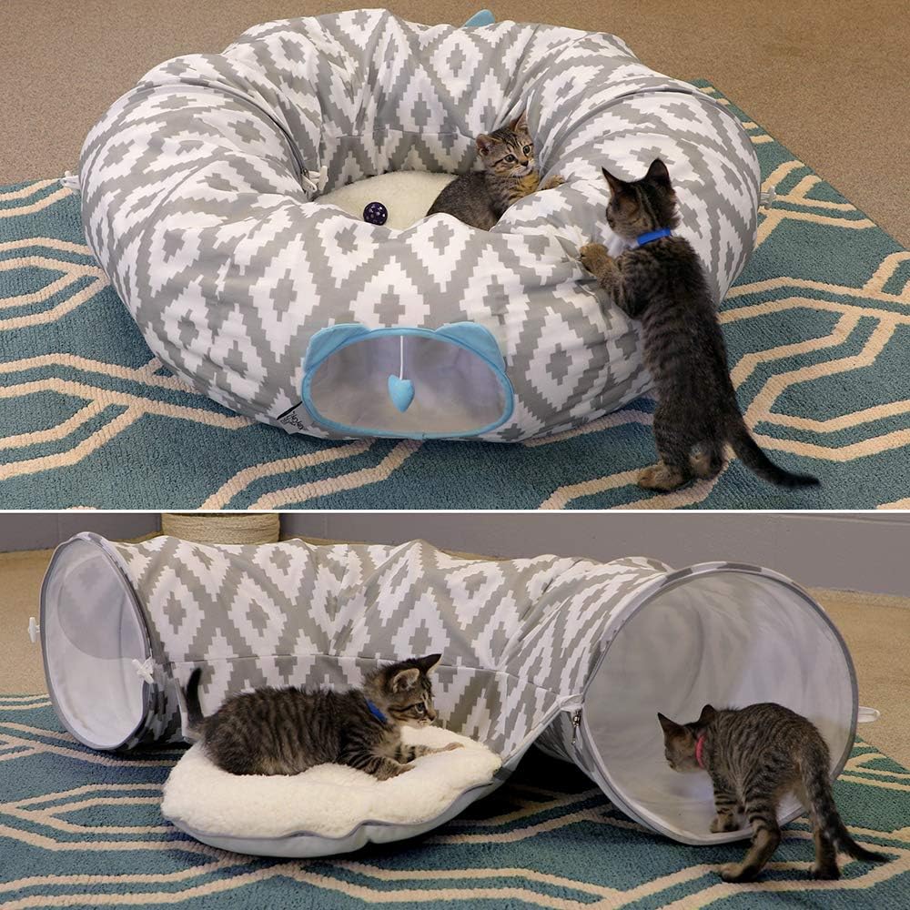 Kitty City 2-in-1 cat play tunnel showing central plush bed