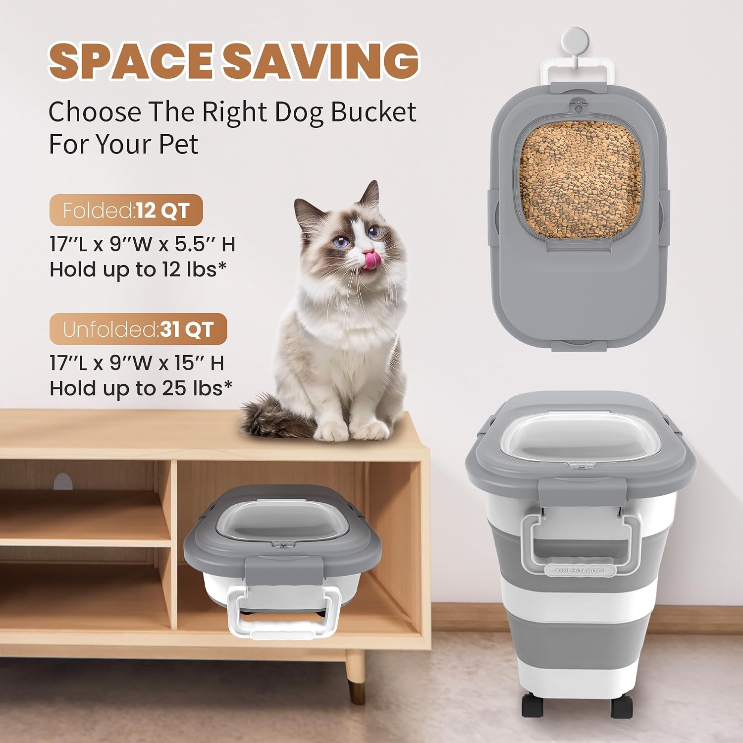 Pet food storage container with wheels attached