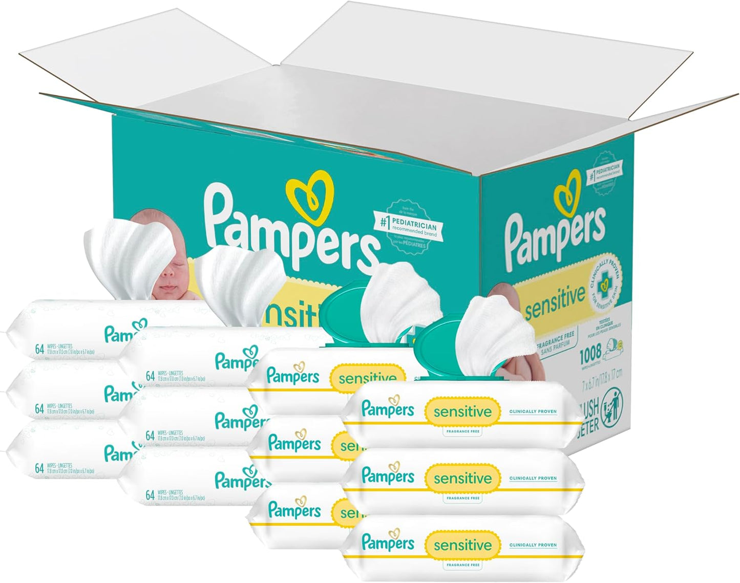 Pampers Sensitive Baby Wipes, Water Based, Hypoallergenic and Unscented, 18 Flip-Top Packs (1008 Wipes Total) [Packaging May Vary] - Image 1