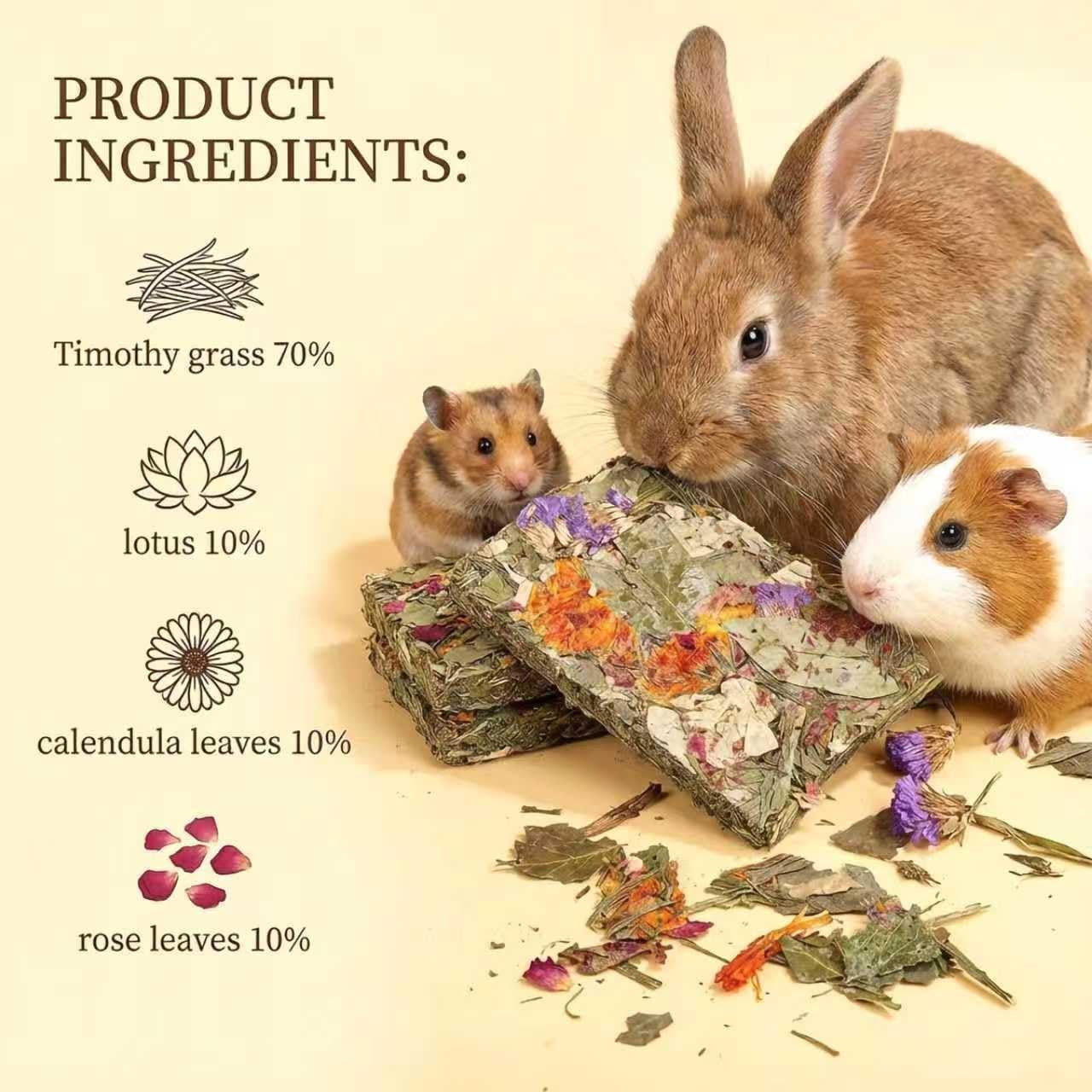 Compressed timothy grass chips with herbal flowers for guinea pig dental care