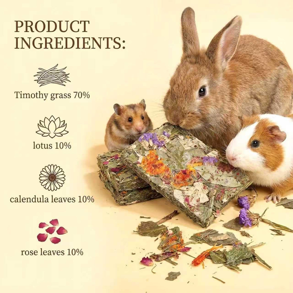 Compressed timothy grass chips with herbal flowers for guinea pig dental care