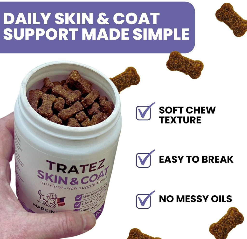 Tratez ninety count dog coat health supplement bottle