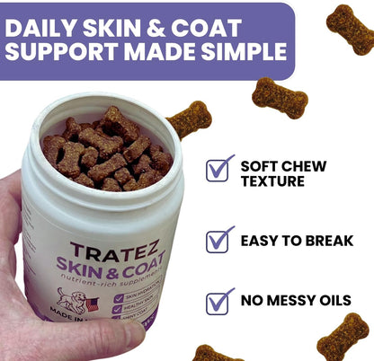 Tratez ninety count dog coat health supplement bottle