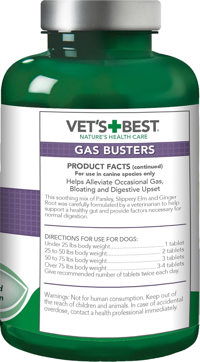 Vet's Best Gas Busters supplement bottle in hand for scale