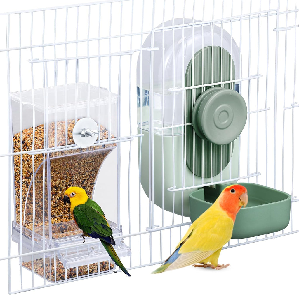 Lemtrflo no mess bird feeder water dispenser front view pet cage accessory.