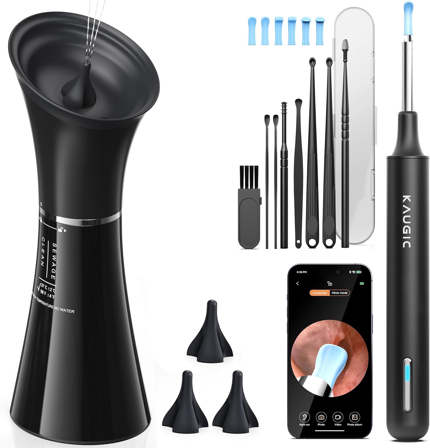 KAUGIC Smart Ear Wax Removal Kit front view showing the dual tank main irrigation unit and handheld ear camera tool.