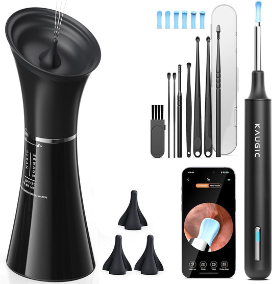 KAUGIC Smart Ear Wax Removal Kit front view showing the dual tank main irrigation unit and handheld ear camera tool.
