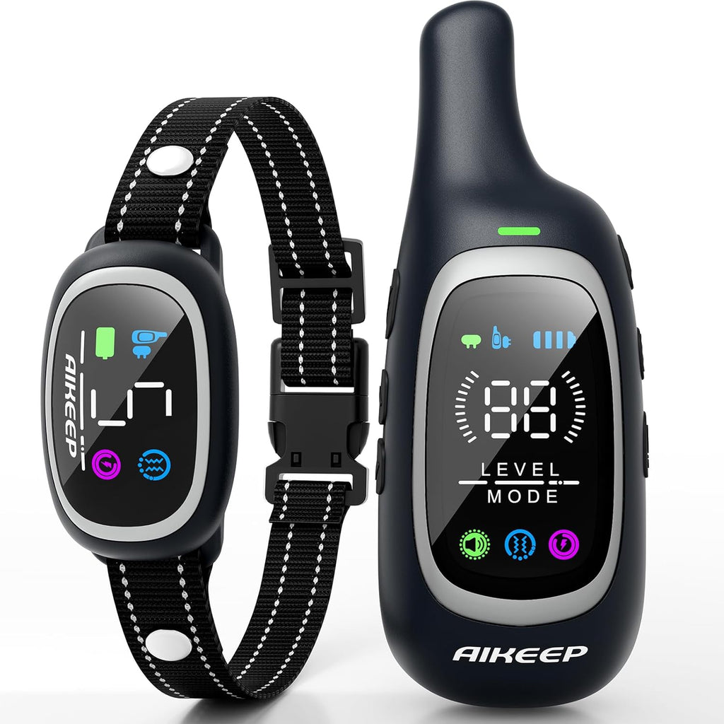 AIKEEP 2-in-1 dog shock collar and bark collar front view showing digital screen receiver.