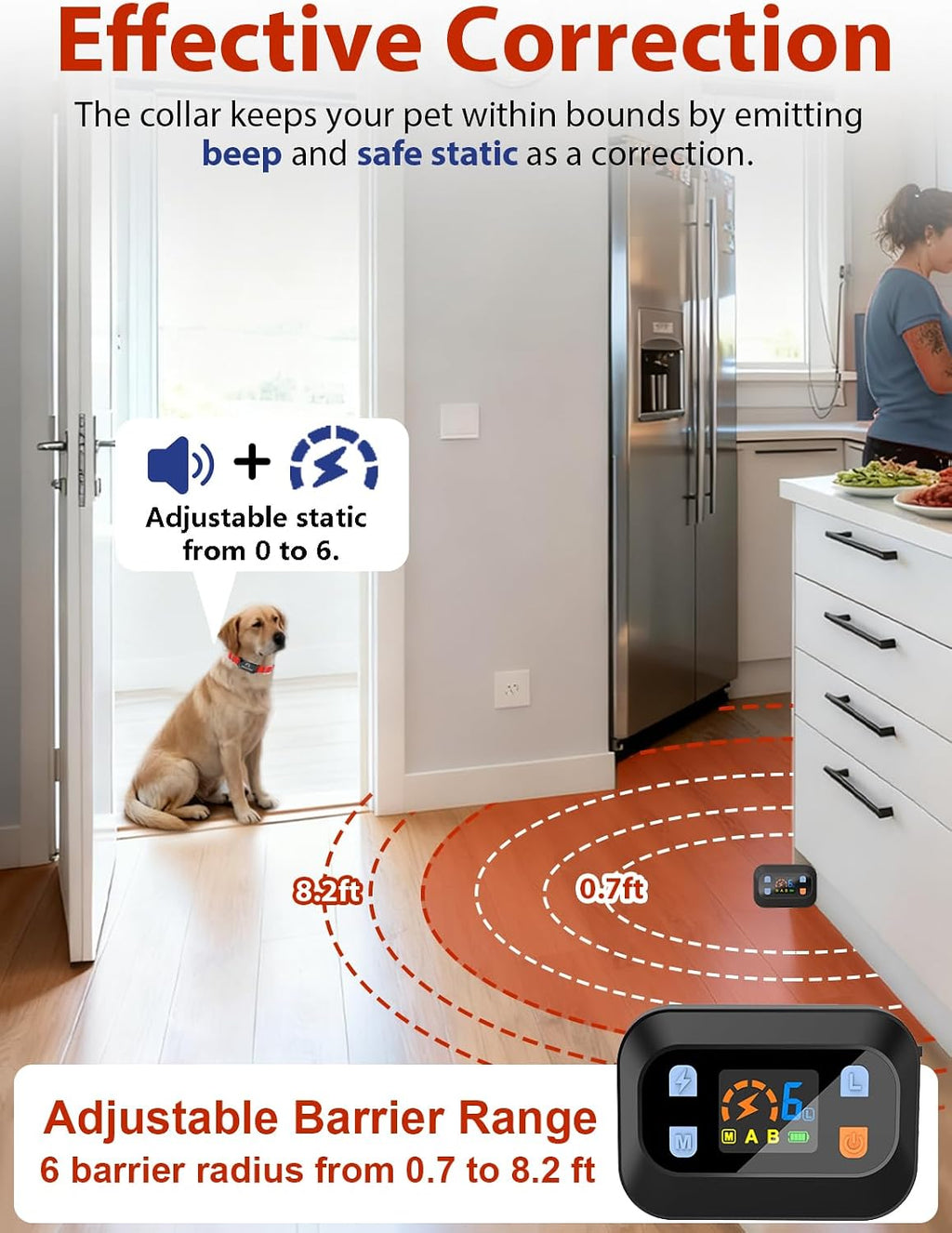 MIMOFPET indoor invisible fence transmitter being hung by its convenient lanyard near a kitchen counter.