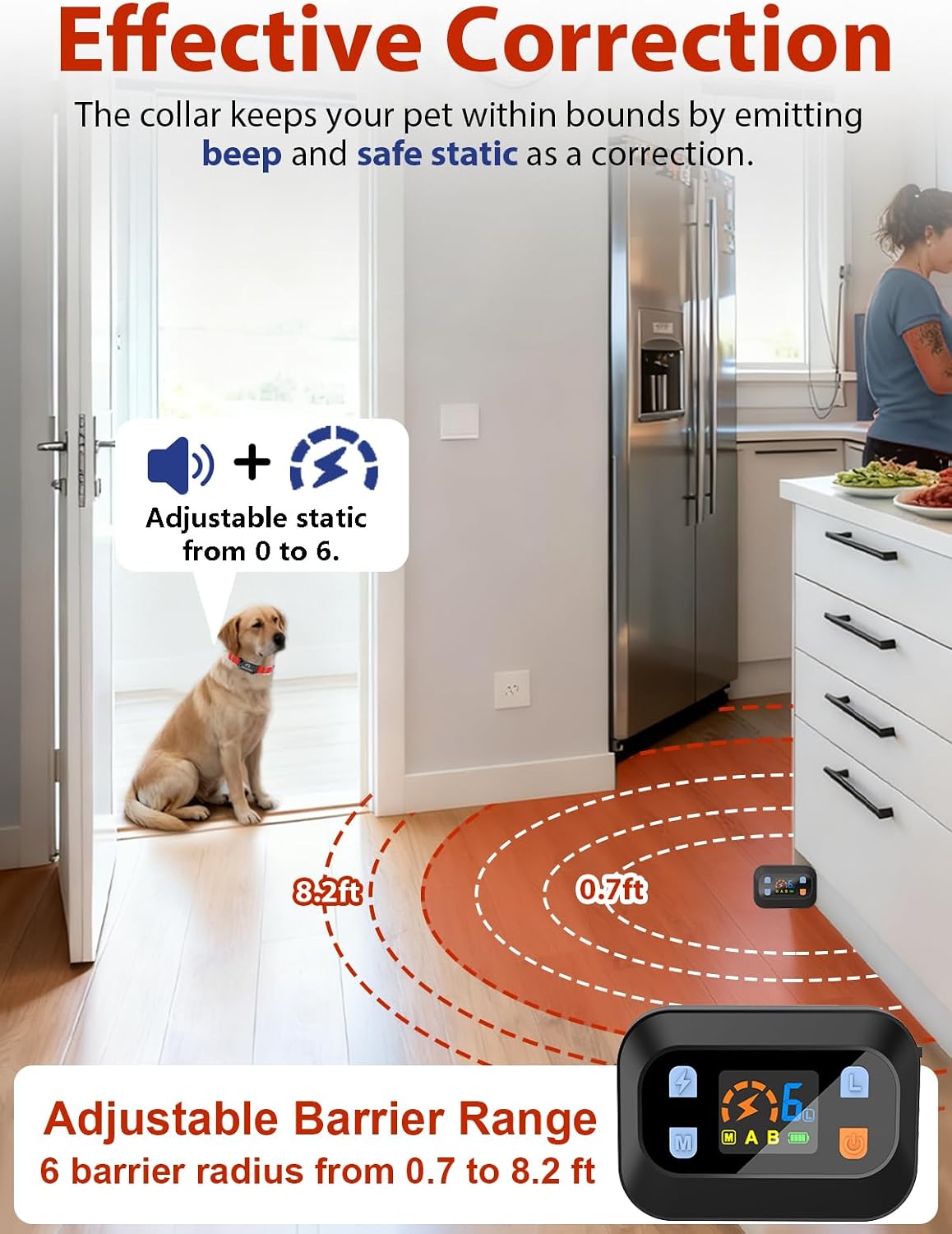 MIMOFPET indoor invisible fence transmitter being hung by its convenient lanyard near a kitchen counter.