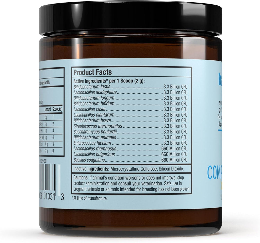 Bark and Whiskers powdered pet probiotic supplement amber jar packaging layout