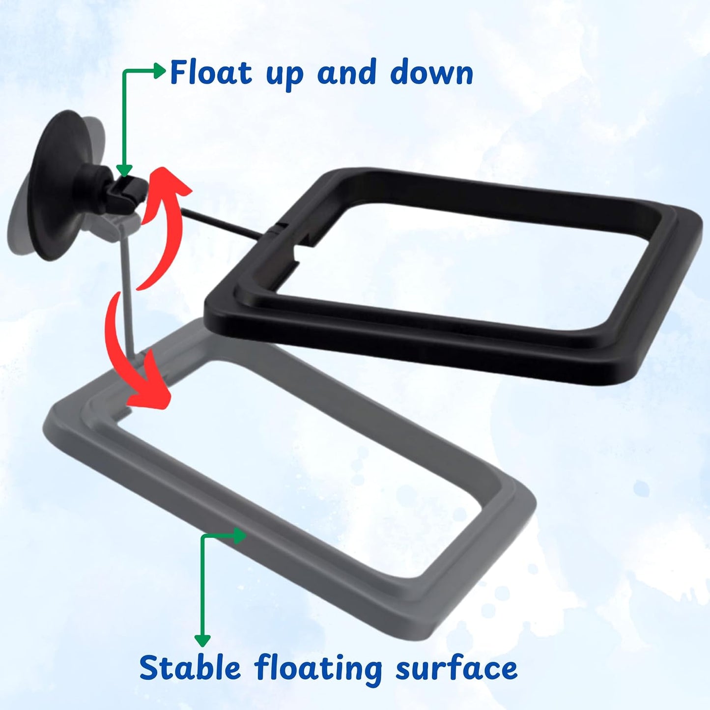 Floating square feeder containing pellets for goldfish and guppies side view