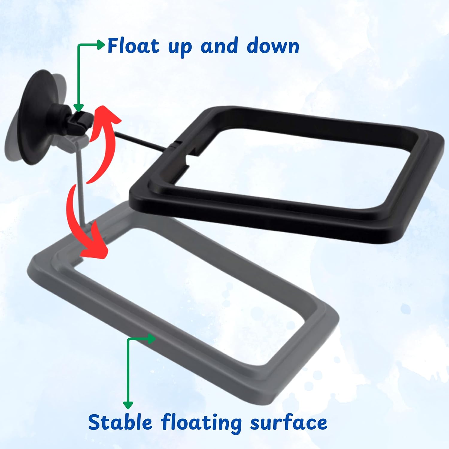 Floating square feeder containing pellets for goldfish and guppies side view