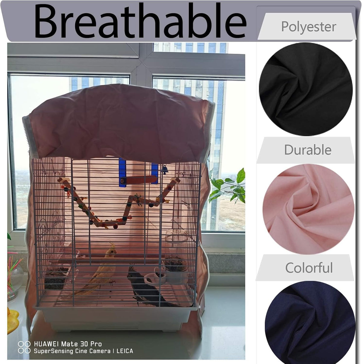 QBLEEV parrot cage night shade showing breathable polyester fabric