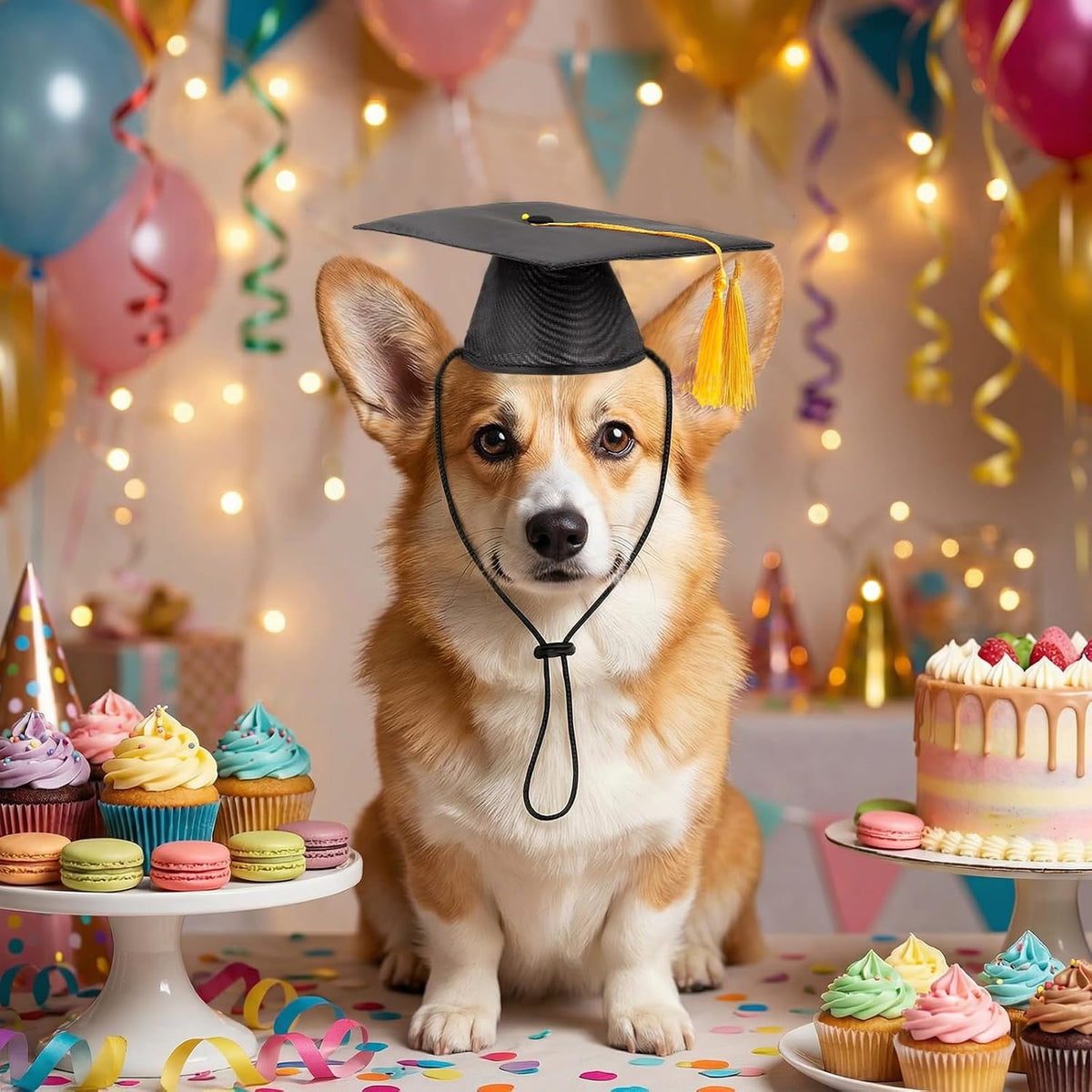Detailed view of the yellow tassel on the pet graduation cap