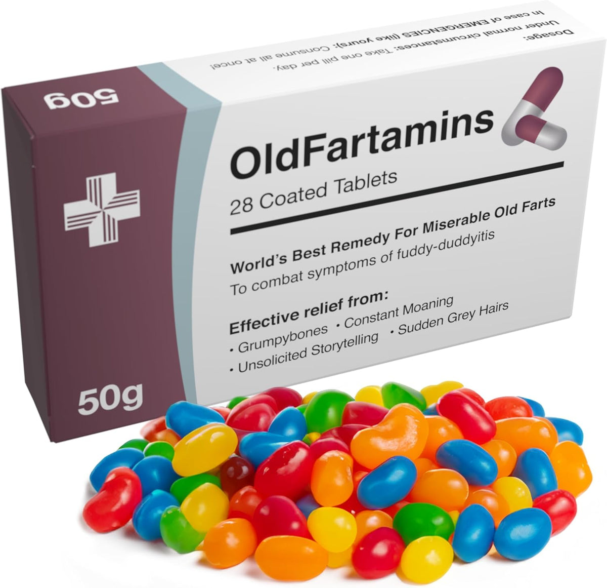Joyful Clan funny prank pill box front view showing realistic prescription text for a milestone birthday gag gift.