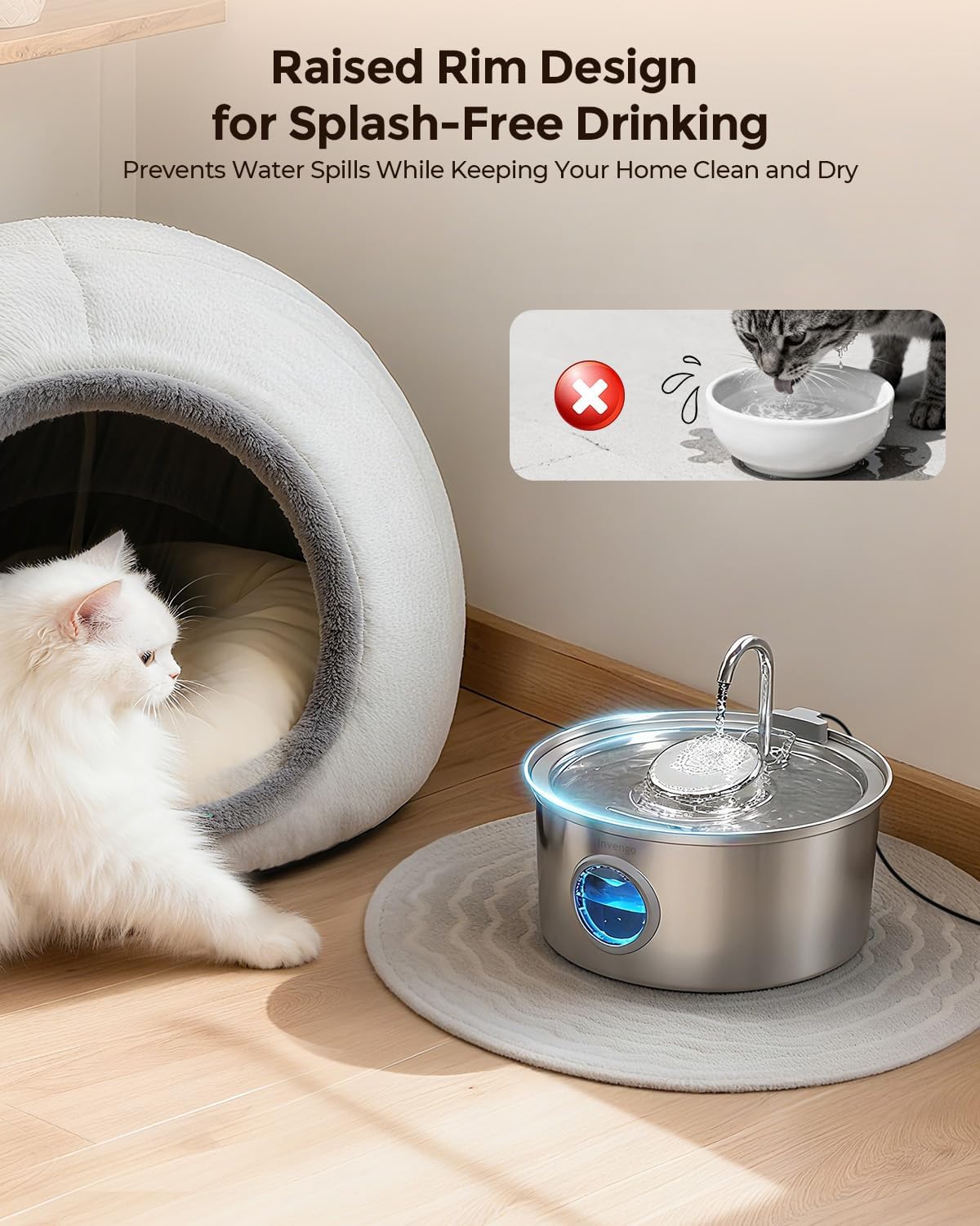 Invengo cat water fountain showing two flow modes