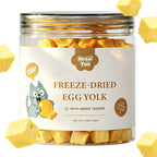 Close up view of the small yellow freeze dried reward snacks for cats.