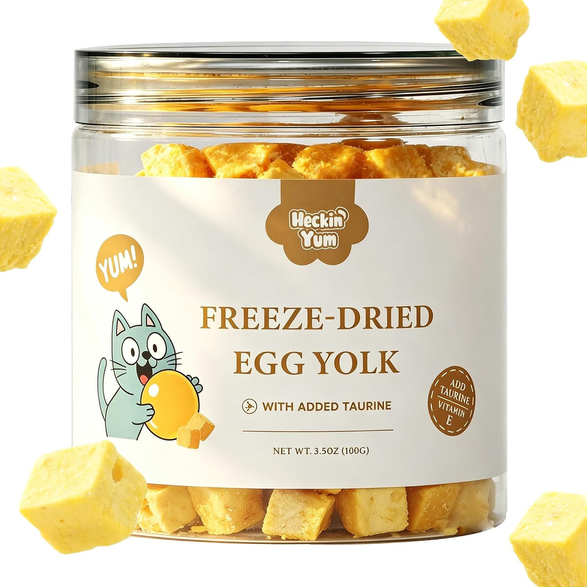 Close up view of the small yellow freeze dried reward snacks for cats.