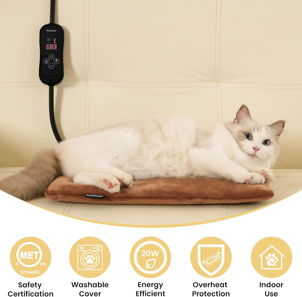 Electric dog heating pad with steel chew resistant cord wrapper.